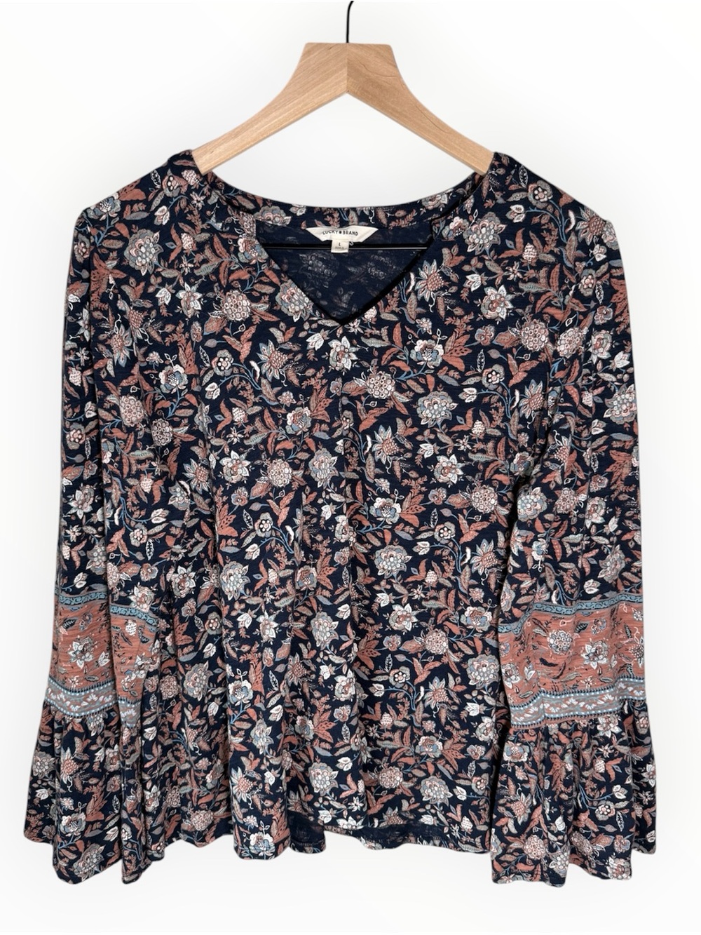Lucky Brand Floral Long Sleeve Top Women’s Large Flare Sleeve Boho Peasant Modal
